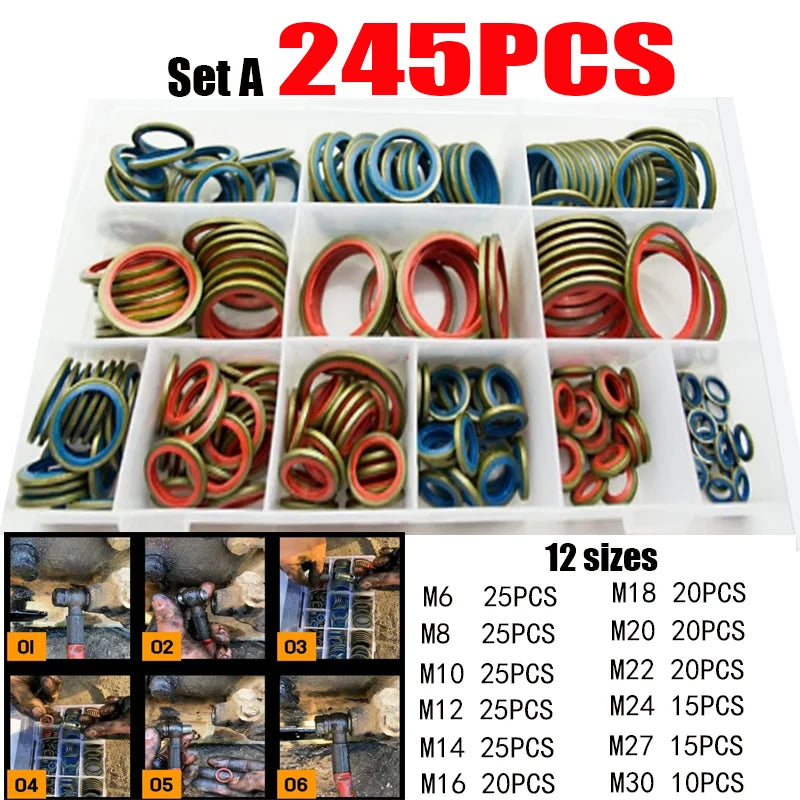 100/245pcs Sealing Gasket Set Oil Drain Combined Washer Seal Set M6 M8 M10 M12 M14 M16 M18 M20 M22 M24 M27 M30